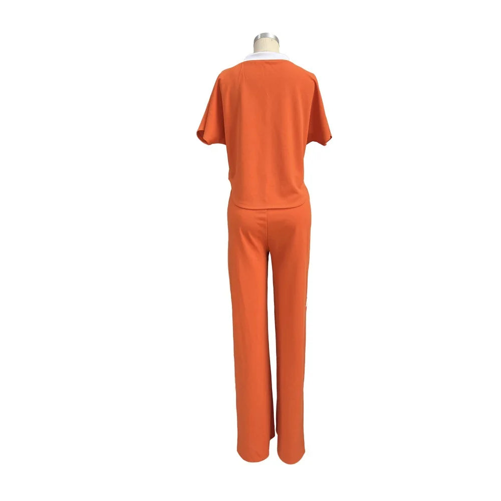 Elegant Women's Casual Short Sleeve T-shirt Sports Suit Summer Fashion Solid V Neck Short Top & Straight Pants Two Piece Sets