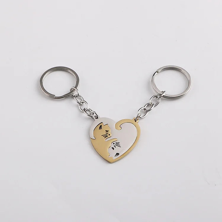 Cute Cat Keychain Stainless Steel Key ring Couple Lover Animal Matching Keyring Pendants Valentine's Day Gift