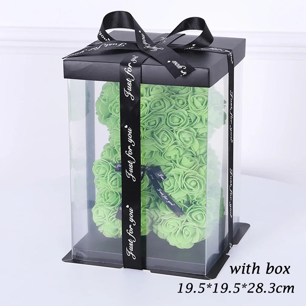 25cm Artificial Teddy Rose Flower Bear with Box Romantic Valentines Day Gift Girlfriend Women Mother Birthday Wedding Party Deco