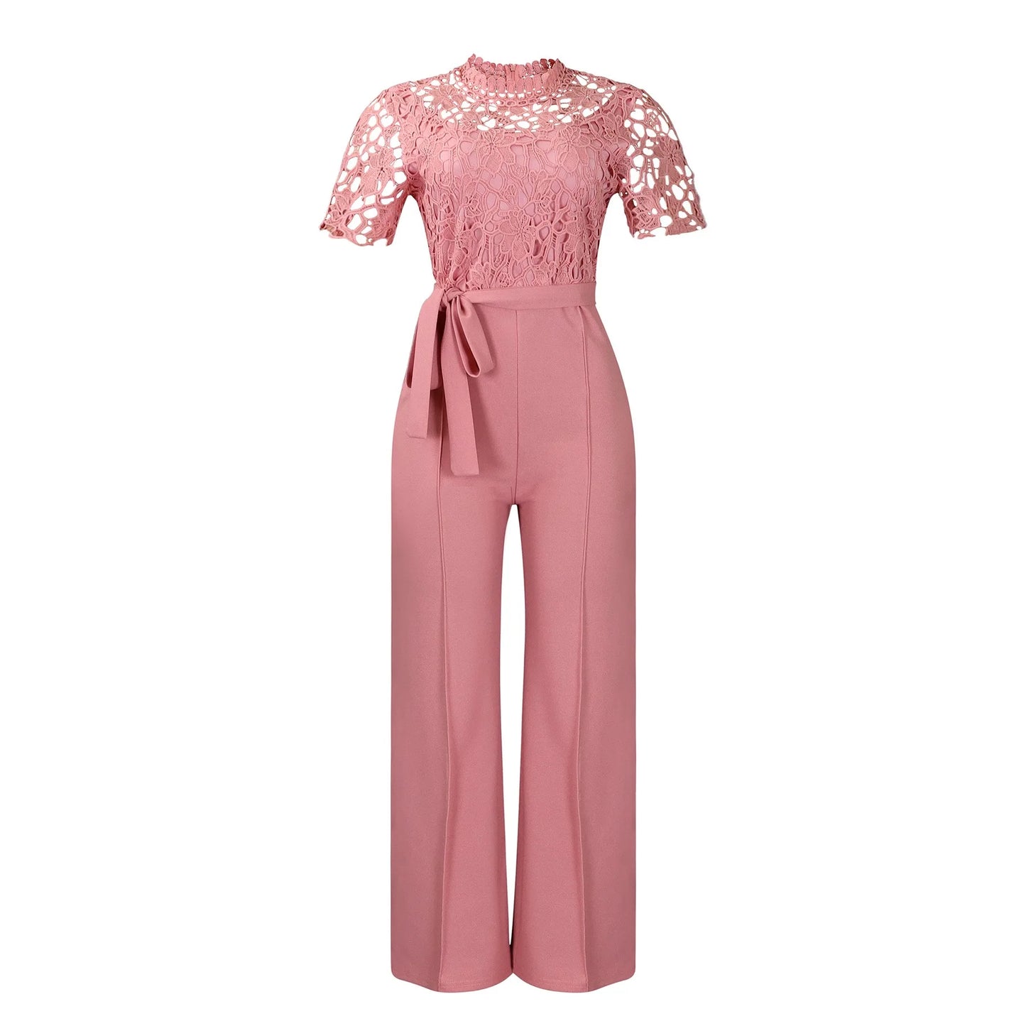 Elegant Jumpsuits & Rompers for Women O Neck Lace Patchwork Short Sleeve Sashes High Waisted Luxury Birthday Party Dinner Outfit