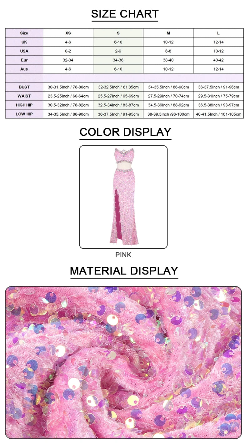 VC Pink Sparkly Sequins Long Dress Beaded Crystal Feather Embellished High Slit Straight Floor-length Prom Evening Gown Vestidos