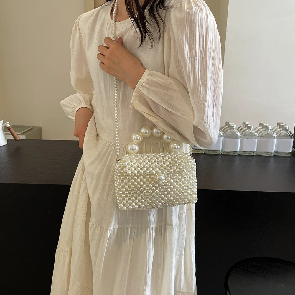 2024 Newest Handmade Pearl Knitting Evening Handbag Luxury Women's Snall Crossbody Bag High-end Hand-Woven Elegant Clutch Purses