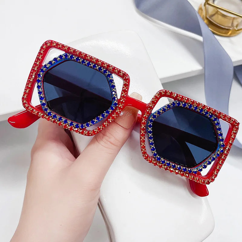 Square Luxury Diamonds Sunglasses Women Punk Fashion Rhinestone Sun Glasses Female Shiny Sexy Yellow Lens Eyewear Shade Handmade