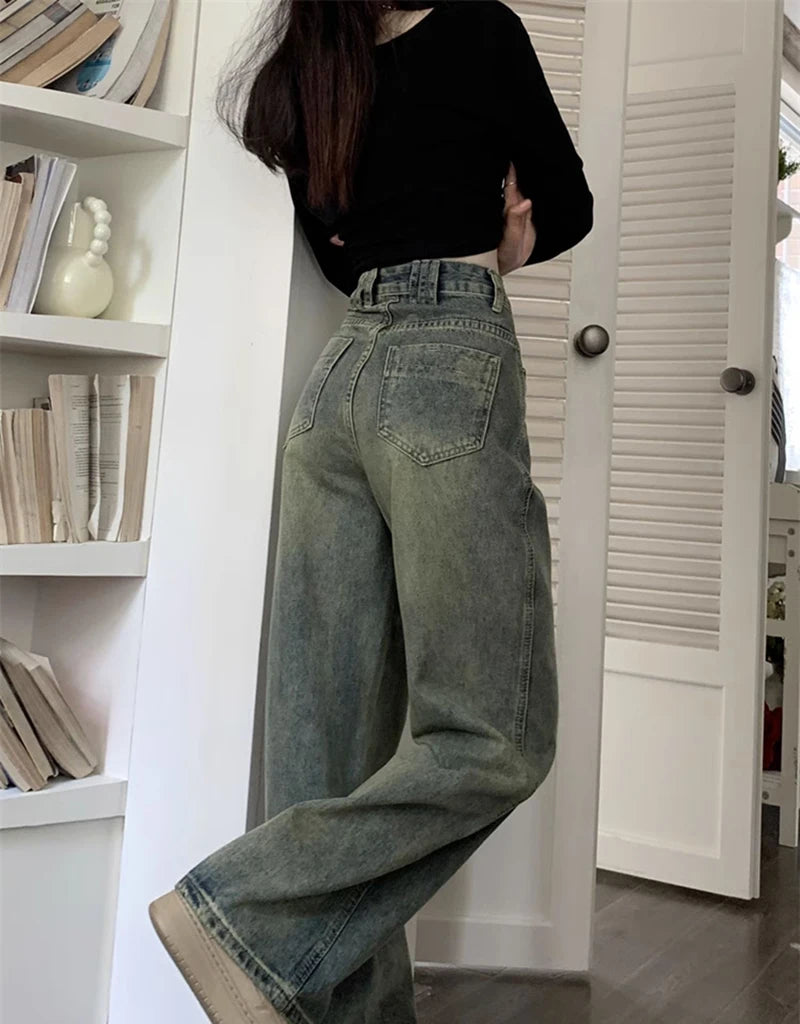 Retro Washed Vintage Jeans For Women In Autumn And Winter High Waisted Straight Leg Loose Wide Leg Pants Casual Pants