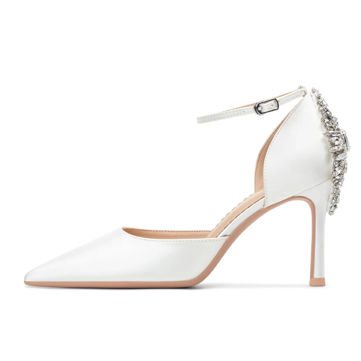 Baotou Hollow High Heel Women's Sandals Pointed Tip Thin Heel One-word Button Rhinestone Wedding Shoes Bridal Shoes