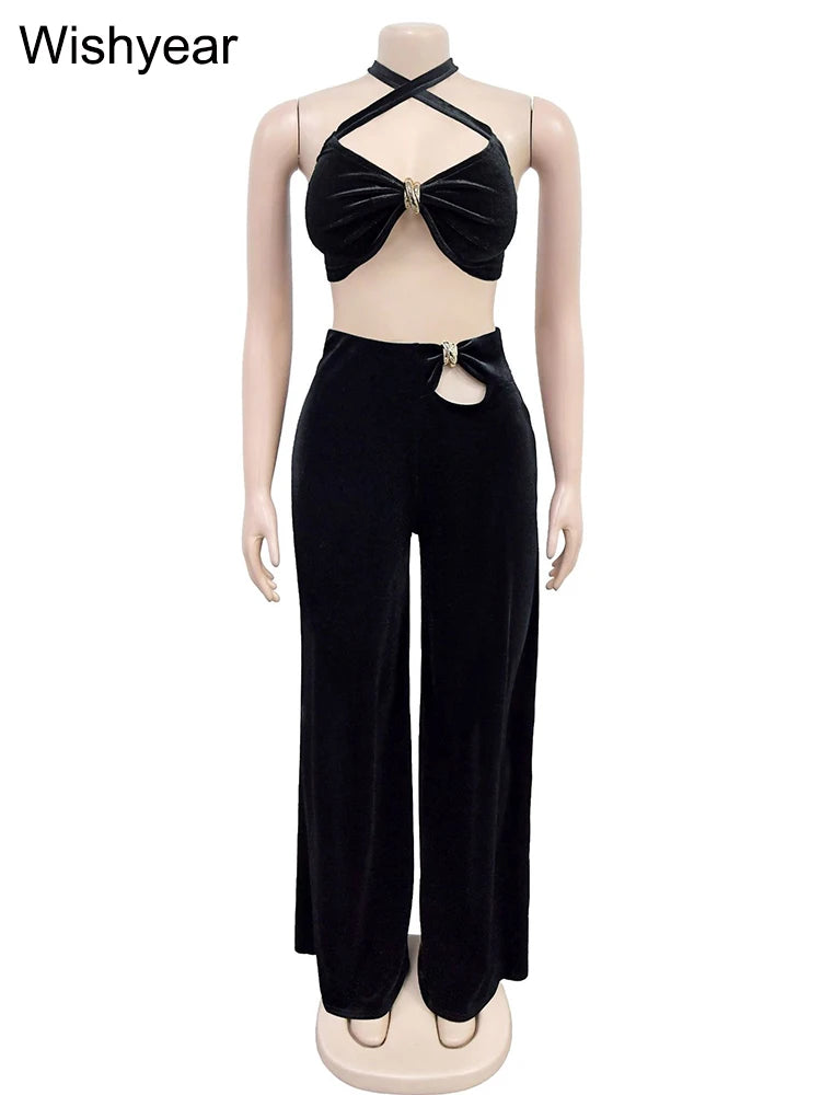 Wishyear Sexy Black Women's Halter Bandage Cross Top amd Wide Leg Pants Two 2 Piece Sets Sexy Night Club Party Evening Outfits