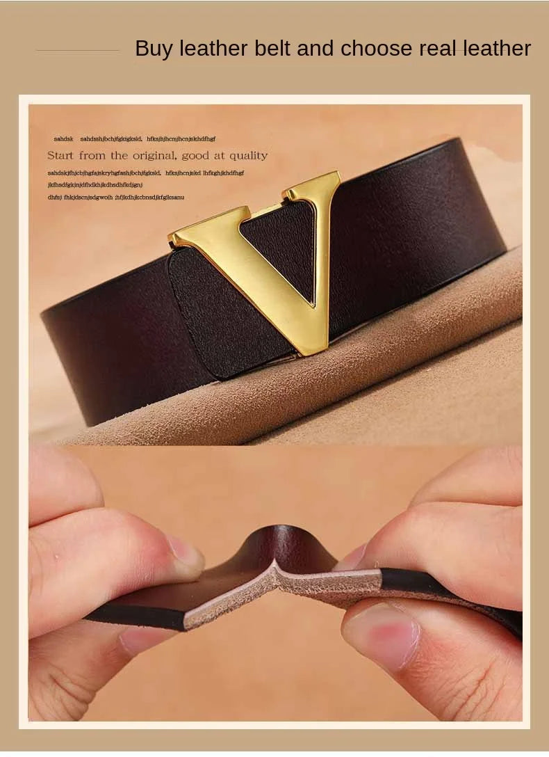 High Quality Smooth Buckle Belt Men's Genuine Leather Pure Cowhide Letter V Jeans Belt for Men Women Luxury Male Belt Designers