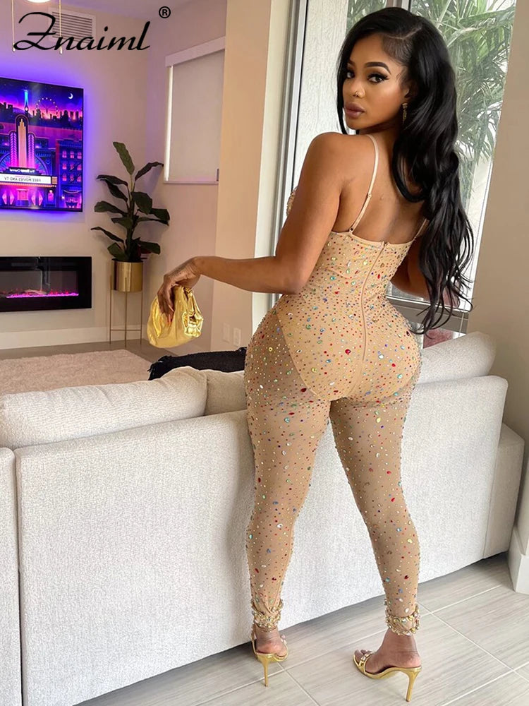 Znaiml Luxury Birthday Night Club Party One Piece Rompers and Jumpsuits for Women Sexy Mesh Sheer Colourful Diamonds Overalls