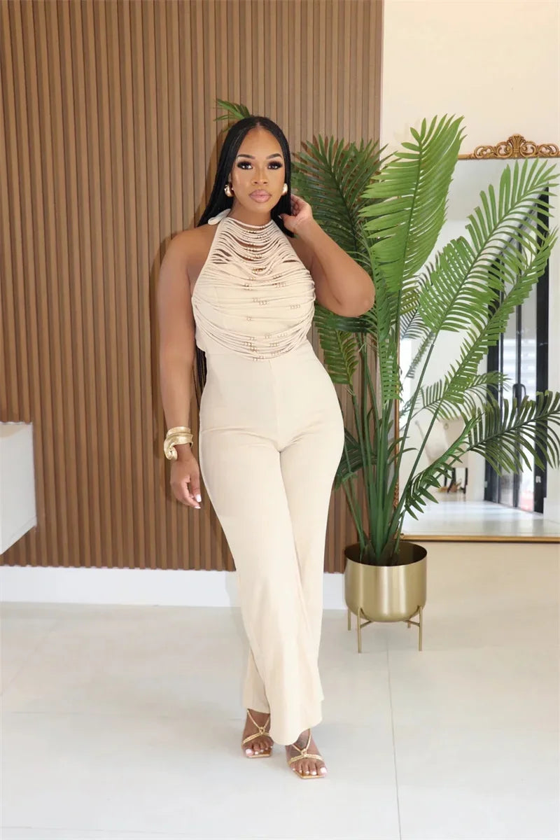 Sexy Halter Backless Jumpsuits Woman Elegant High Waist Flare Pants Sleeveless Beading Ruched Party Romper Birthday Club Outfits