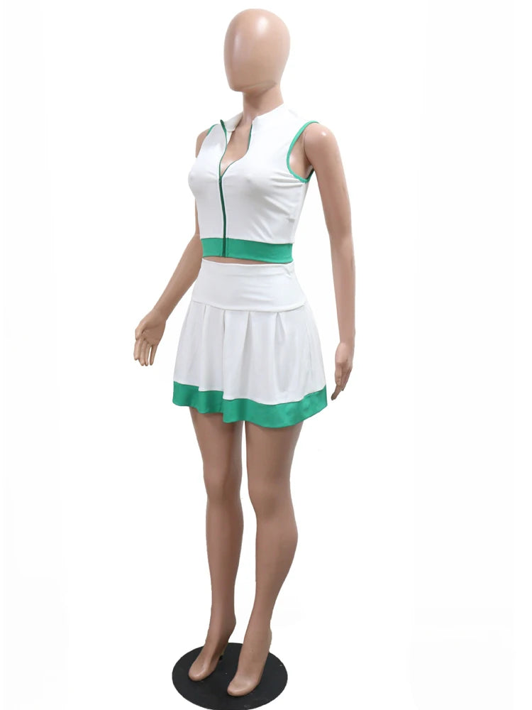 Beyprern Cute Girls Zipper Front Crop Top And Ruffles Skirt Set Summer Tracksuits Set Two Piece Dress Sporty Tennis Active Set