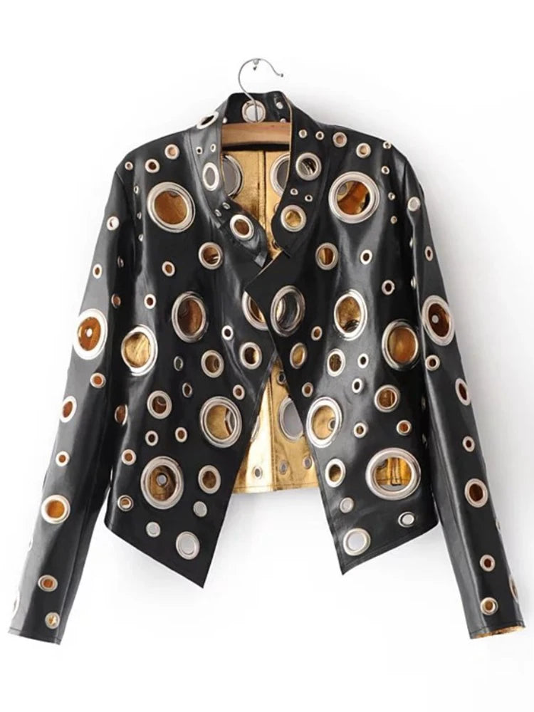 Lautaro Runway Cut Out Short Faux Leather Jacket Golden Rivet Cool Stylish Designer Clothes Women European American Fashion 2022