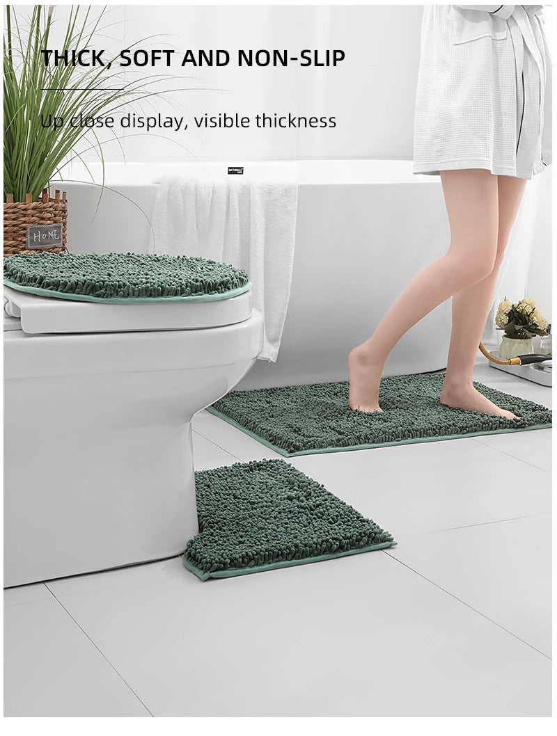 3-piece bathroom chenille floor mat, absorbent anti slip bathroom carpet, bathroom U-shaped foot mat, toilet lid, TPR anti slip