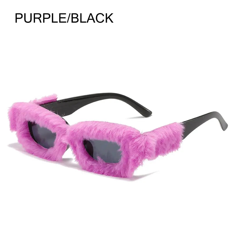 NEW Trendy Rectangle Sunglasses Women Punk Plush Sun Glasses Ladies UV400 Shades Fashion Funny Decor Eyewear