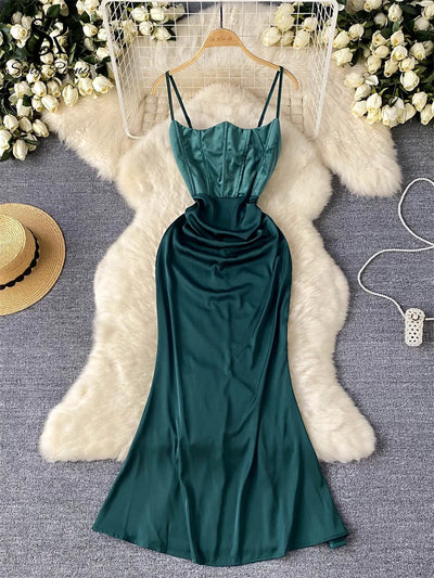 SINGREINY Evening Party Senior Slim Dress Women Spaghetti Strap Backless Zipper Sleeveless Bodycon 2024 Newest Satin Long Dress