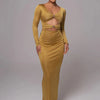Mozision hollow out long sleeve sexy maxi dress for women fashion solid V neck back split bodycon club long dress elegant