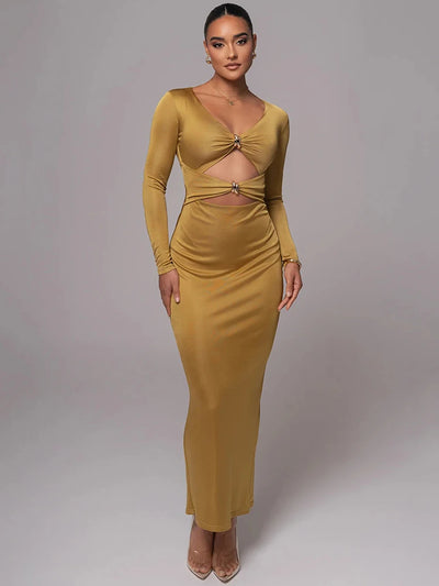Mozision hollow out long sleeve sexy maxi dress for women fashion solid V neck back split bodycon club long dress elegant