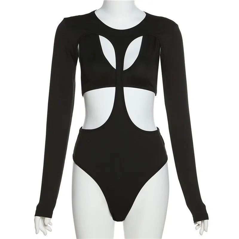 Streetwear Y2k Sexy Irregular Hollow Out Rompers Women's Bodysuits Fashion Long Sleeves Bodycon Tops Jumpsuits Party Clubwear