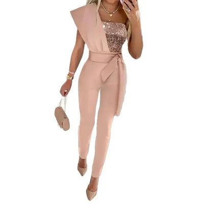 Fashion Sequins Decoration One Shoulder Backless Jumpsuit Women Female Slim Fit Stretch Lace-up High Waist  Back Zipper Rompers