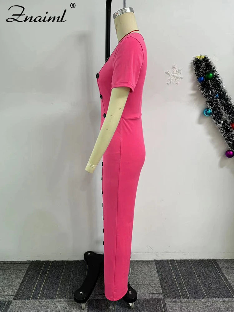Znaiml Women Elegant Long Jumpsuits for Party Summer Short Sleeve Buttons Solid Color Wide Leg Pants Rompers One Pieces Overalls