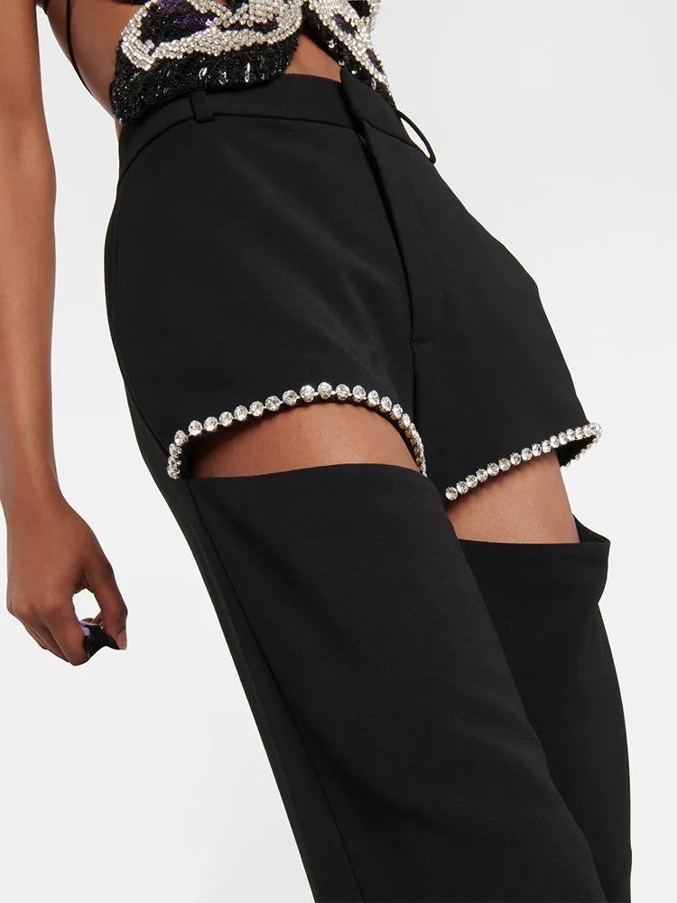 TWOTWINSTYLE Solid Wide Leg Pants For Women High Waist Hollow Out Spliced Diamonds Loose Straight Pant Female Fashion Clothing
