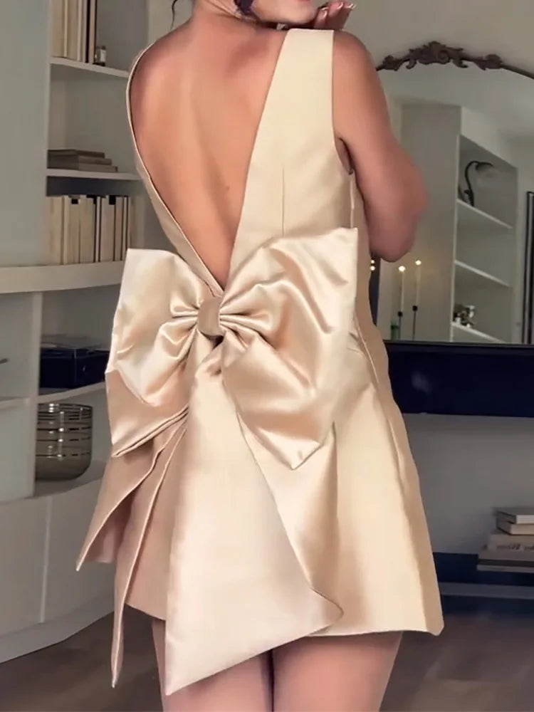 Summer Women Bow Patchwork Chic Mini Dress, Backless Square Collar Simple Party Dress, New Fashion Sleeveless Sweet Ladies Dress