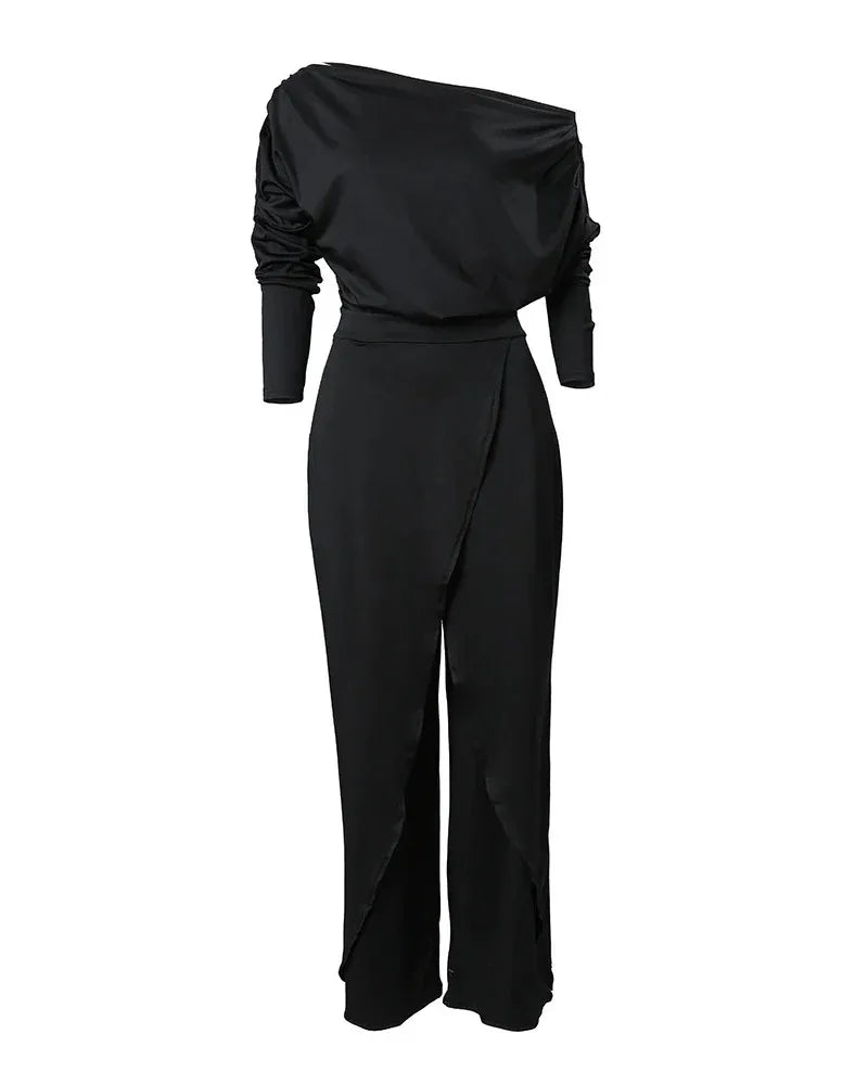 New Flat Elegant Office Women's Loose Ruffle Cold Shoulder Split Wide Leg jumpsuit Single Shoulder Formal Elegant Party jumpsuit