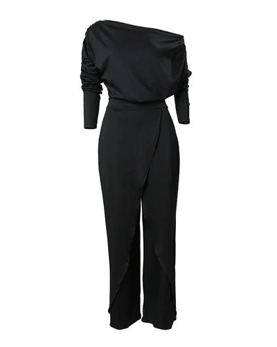 New Flat Elegant Office Women's Loose Ruffle Cold Shoulder Split Wide Leg jumpsuit Single Shoulder Formal Elegant Party jumpsuit