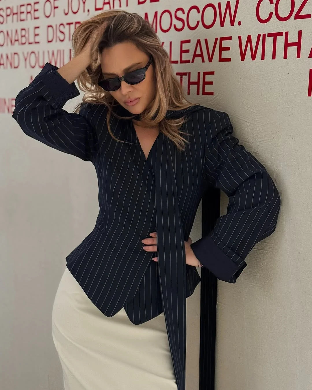 Tossy Elegant Female Striped Suit Coat For Women Scarf Lace-Up Patchwork V-Neck Long Sleeve Luxury Outwear Female Jackets Coat