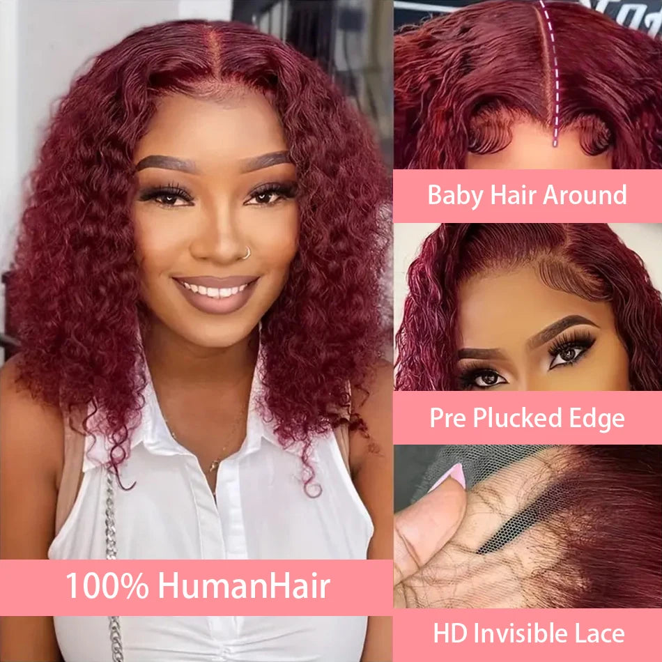 200% 99J Burgundy Short Bob Hair Wig 13x4 Lace Front Wig Human Hair Red Colored Deep Water Wave Lace Frontal Wig 100% Human Hair