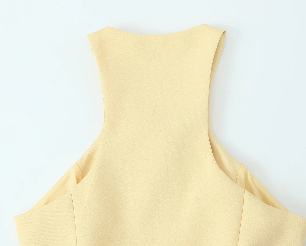 TRAFZA Women Fashion Suit Yellow V-Neck Sleeveless Belt Sngle Breasted Tops+High Waist Pocket Belt Long Skirts Female Summer Set