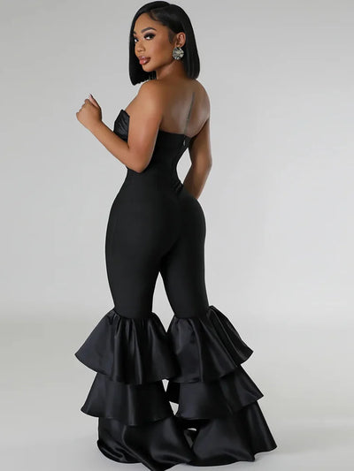Beyprern Elegant Tiered Ruffle Strapless Jumpsuit For Women Off Shoulder Black Flared Leg  Bandage Jumpsuits Clubwear Overalls