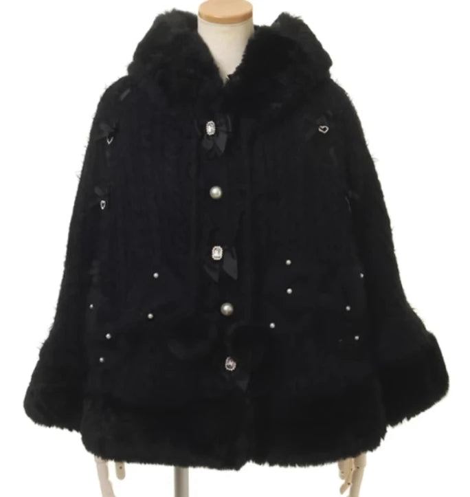Japanese Liz Sweet Princess Faux Rabbit Fur Cape Coat Women Autumn Winter Fur Jacket Loose Clock Rhinestone Bow Hooded Coat