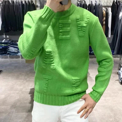Men's Clothing Green Knit Sweater Male Letter Plain Solid Color Pullovers Sheap Korean Fashion Classic Jumpers A Overfit Heated