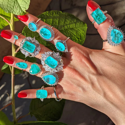 Luxury Geometric Shapes Paraiba Tourmaline Gemstone  Silver Color Women's Ring Temperament Ladies Trendy Vintage Jewelry