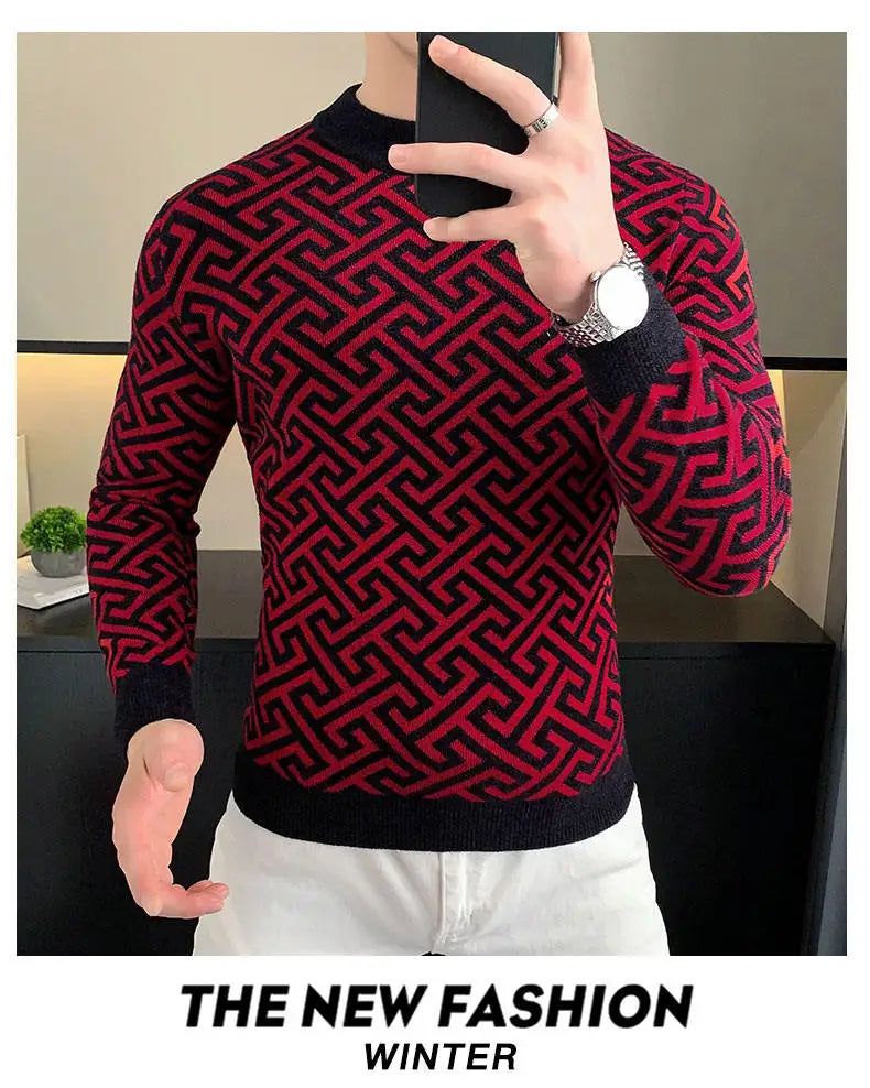 Autumn Winter Velvet Knitted Sweater Men's Long Sleeve Round Necked Sweater Slim Fit Casual Business Knitwear Tops Men Clothing
