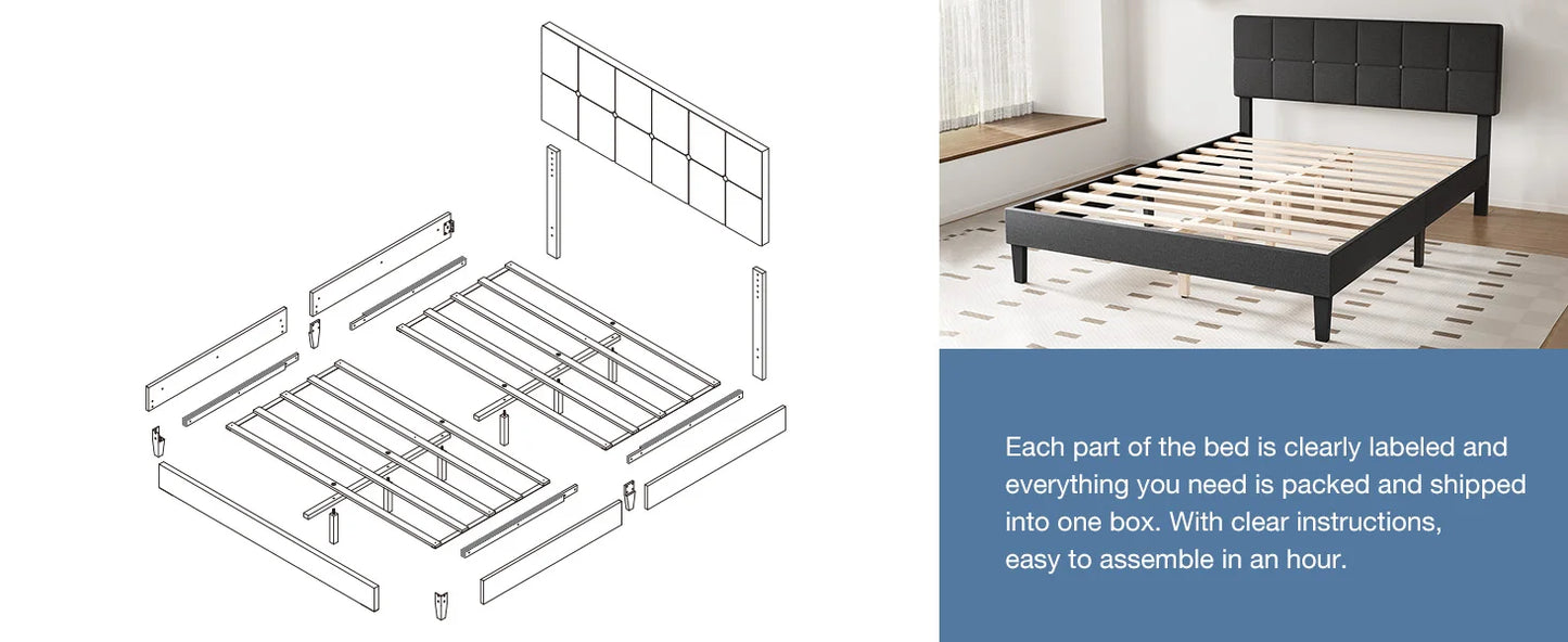 JHK Queen Bed Frame with Headboard No Box Spring Needed Linen Upholstered Wooden Platform Bed Frame with Wood Slats Support