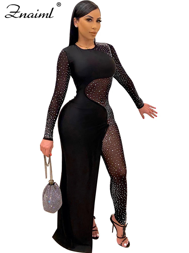 Znaiml Luxury Women Long Sleeve Sheer Mesh Patchwork Skinny Night Party Club Romper Overalls Birthday Sexy Rhinestone Jumpsuits