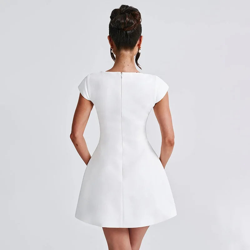 Elegant Womens White Square Collar Chic Mini Dress Luxury Short Dresses Casual Black Pink Evening Party Dresses Birthday Summer