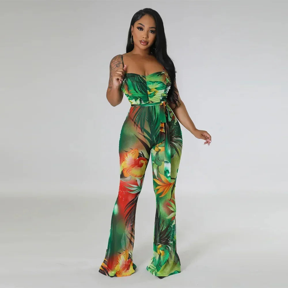 Floral Printed Jumpsuits Summer Outfits for Women 2024 Clubwear Spaghetti Strap Skinny One Pieces Romper Summer Beach Wear