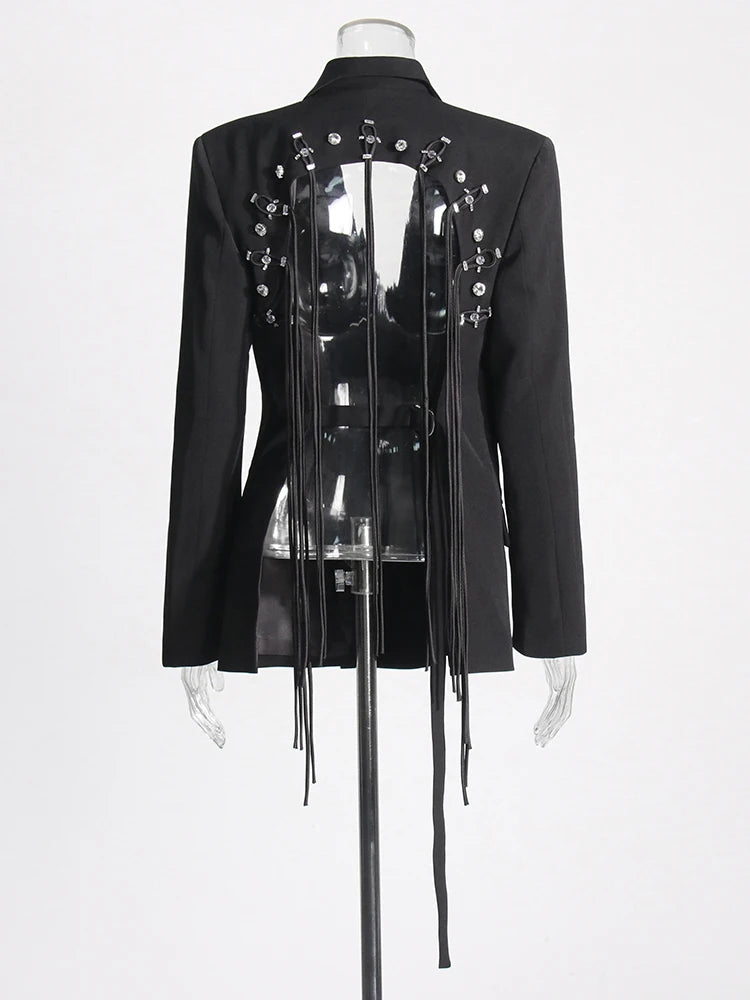 TWOTWINSTYLE Patchwork Diamonds Backless Blazer For Women Notched Collar Long Sleeve Spliced Button Chic Blazers Female Style