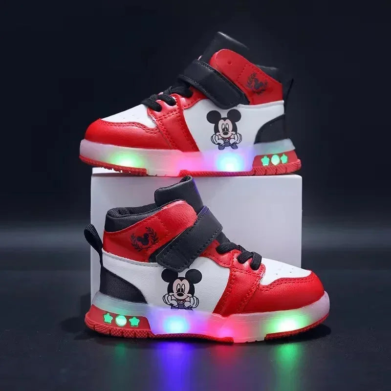 Disney Children's Sneakers Boys Girls Mickey Led Light Sport Shoes Student Shoes Hook Anti-slip Kids Outdoor Shoes Basket Shoes