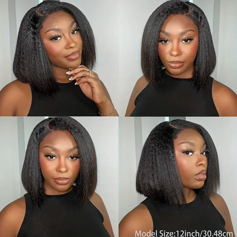 Peruvian Kinky Straight Wig Glueless Short Bob Wigs Human Hair 13X4 Yaki Straight Lace Front Wig Pre Plucked Closure Wig 180%