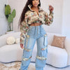 BWQ Washed Denim Women's Set Full Sleeve Floral Jacket and Pockets Cargo Jeans Pants Suit 2025 Street Two 2 Piece Set Outfit
