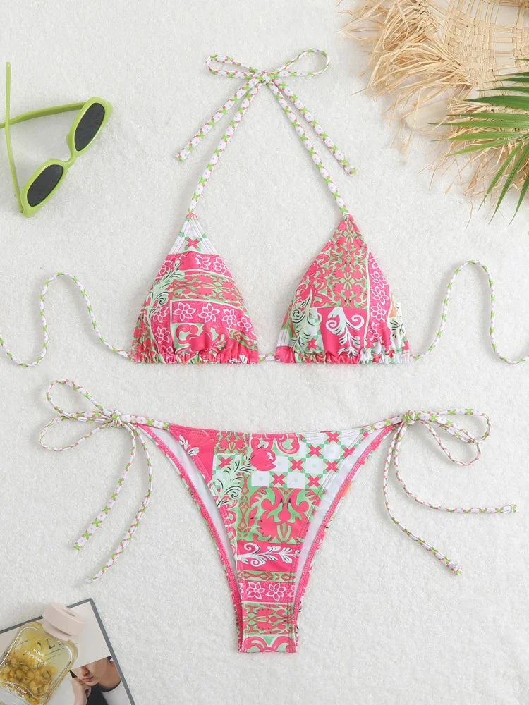 Bikini Women Swimsuit 2025 New Print Halter Bikinis Set Sexy Thong Swimwear Summer Two Piece Backless Beach Bathing Suit Female