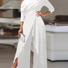 New Flat Elegant Office Women's Loose Ruffle Cold Shoulder Split Wide Leg jumpsuit Single Shoulder Formal Elegant Party jumpsuit