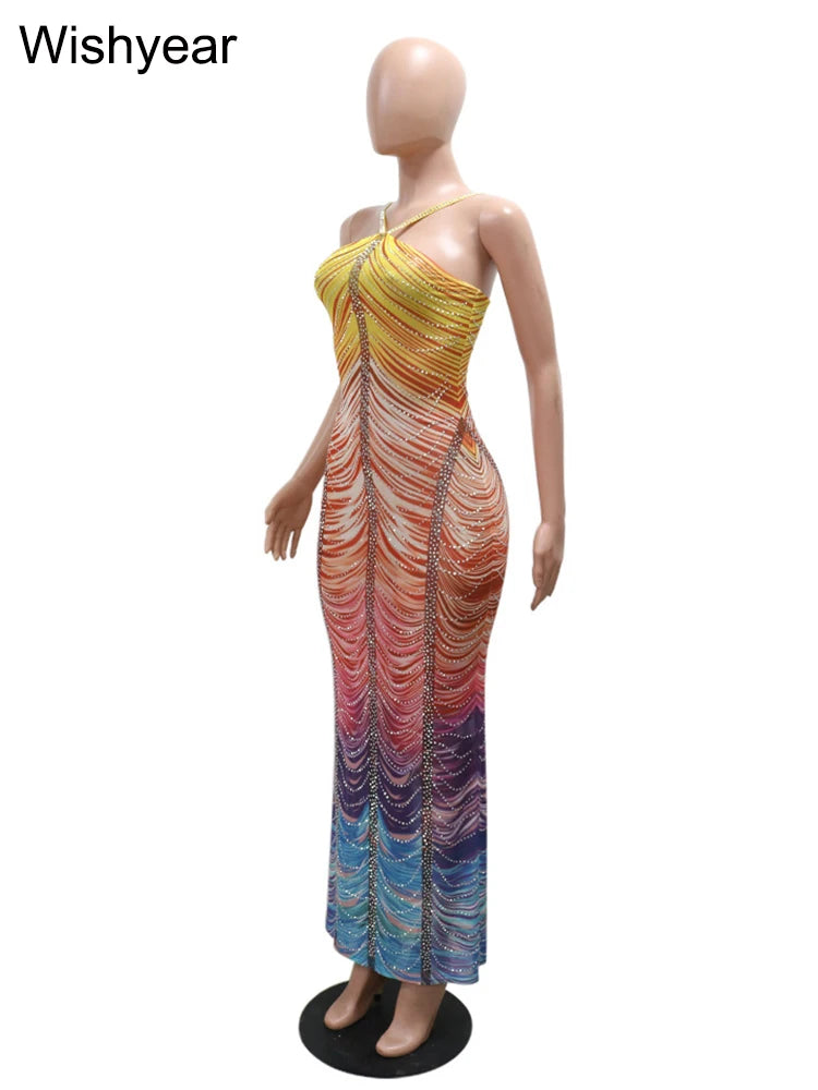 New Gradient Rhinestone Tie Dye Print Halter Mermaid Long Dresses Women Backless Sleeveless Slim Birthday Party Prom Vestidos