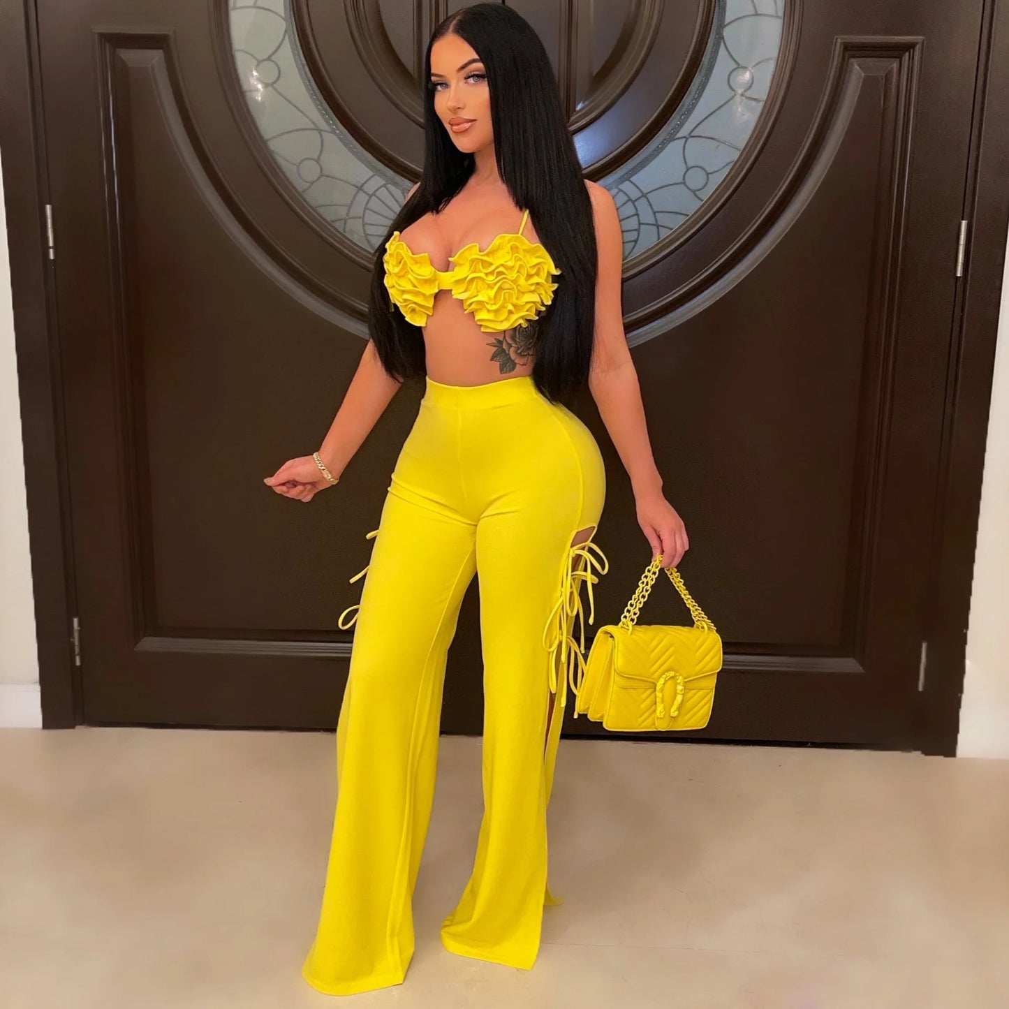 2022 Summer Women 2 Piece Set Floral Bra Tops and High Side Split Lace Up Wide Leg Pants Set Sweatsuit Tracksuit Outfits
