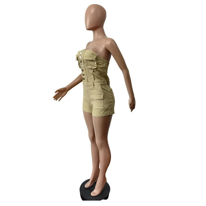 FAGADOER Spring Summer New Sexy Backless Rompers for Women Solid Pocket Cargo Patchwork Jumpsuits Female Streetwear Overalls
