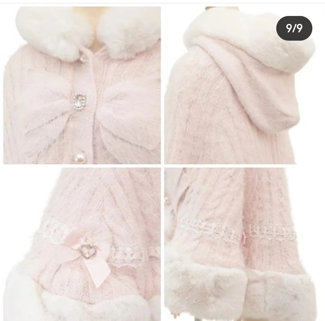 Japanese Liz Sweet Princess Faux Rabbit Fur Cape Coat Women Autumn Winter Fur Jacket Loose Clock Rhinestone Bow Hooded Coat