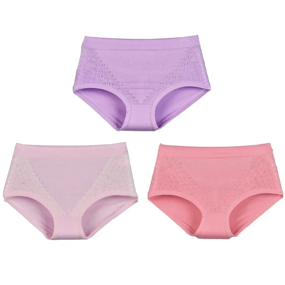 3pcs/pack 2024 Women High Waist Panties Female Briefs Modal Lace Plus Size Underpants Mother Middle Aged Oversize Underwear